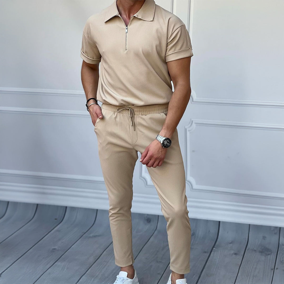 Loose Fit Zipper Shirt & Trouser Set - Beige