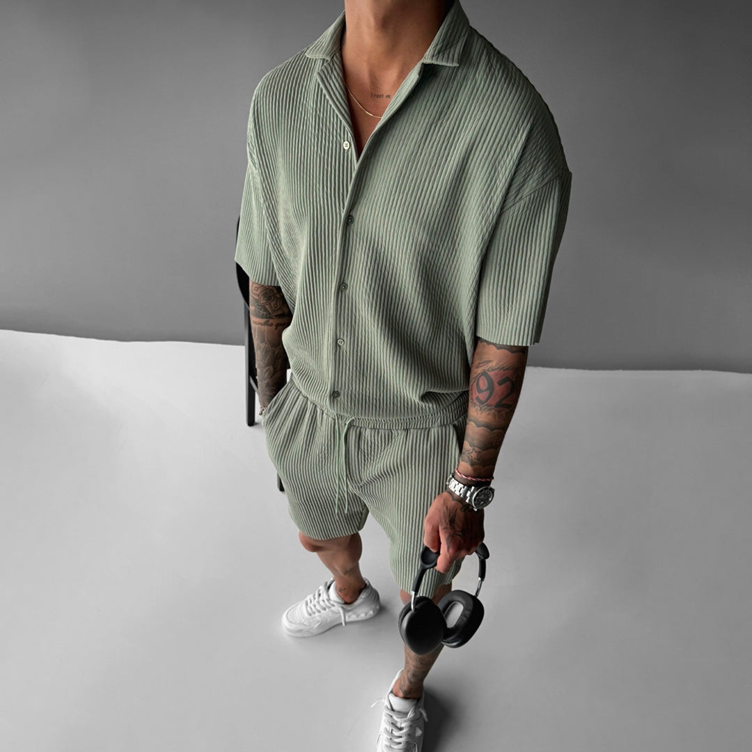 Oversize Collar Shirt & Short Set - Tea Green
