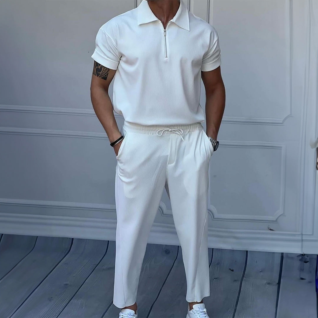 Zipper Shirt & Trouser Set - White