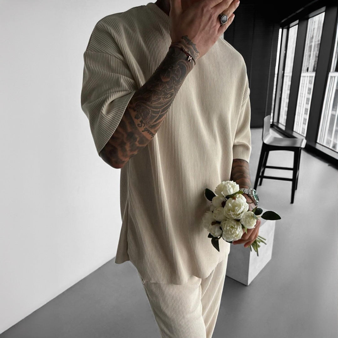 O Neck T-Shirt & Trouser Set -  Beige