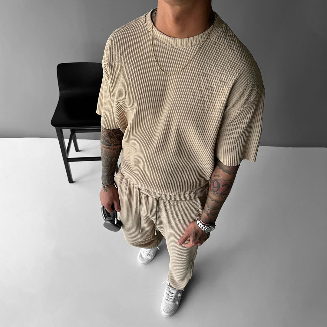 O Neck T-Shirt & Trouser Set -  Beige