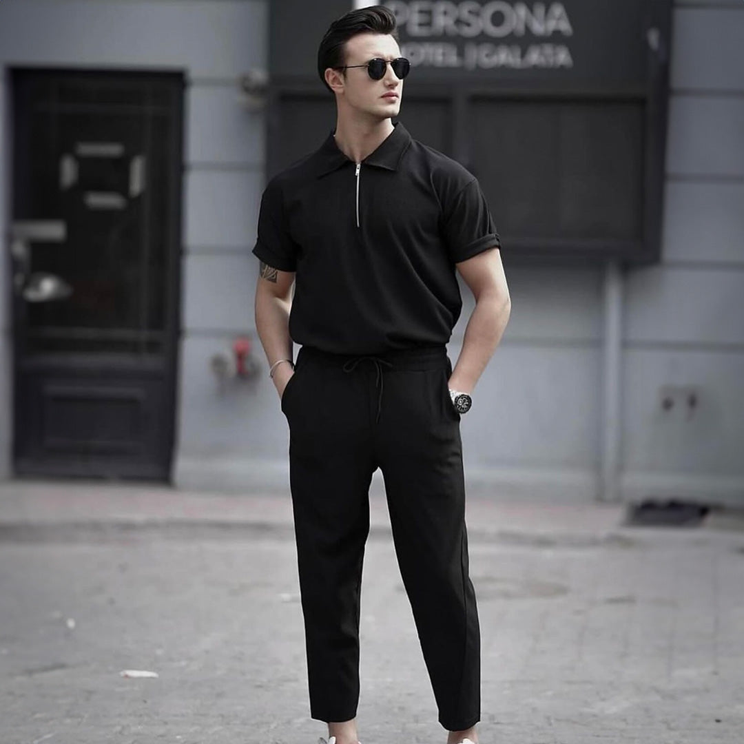Zipper Shirt & Trouser Set - Black
