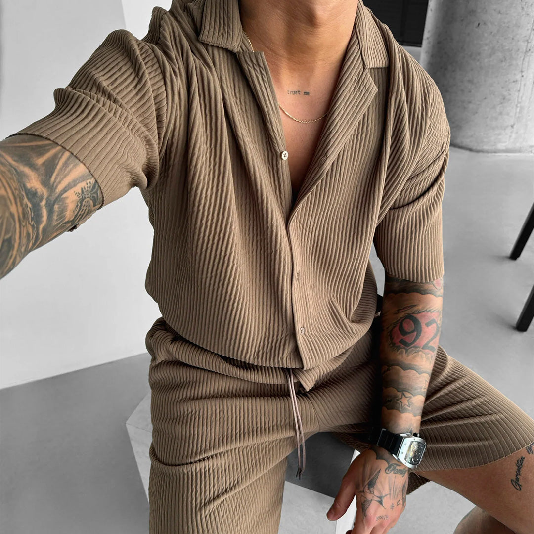 Collar Shirt & Short Set - Brown