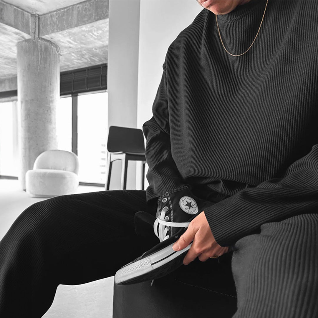 RIBBED FULL SLEEVES T-SHIRT - BLACK