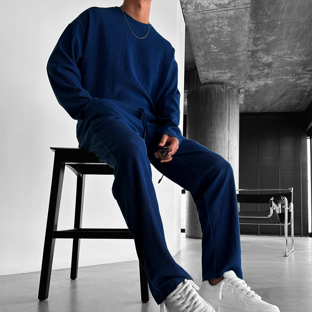 O Neck T-Shirt & Trouser Set - Navy Blue