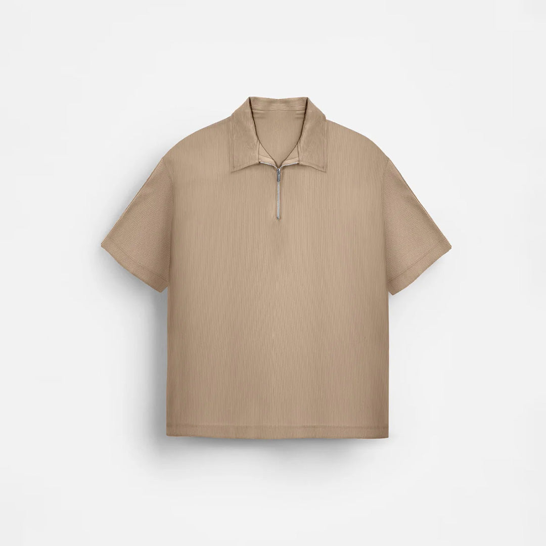 TEXTURED ZIPPER POLO T-SHIRT - TAN