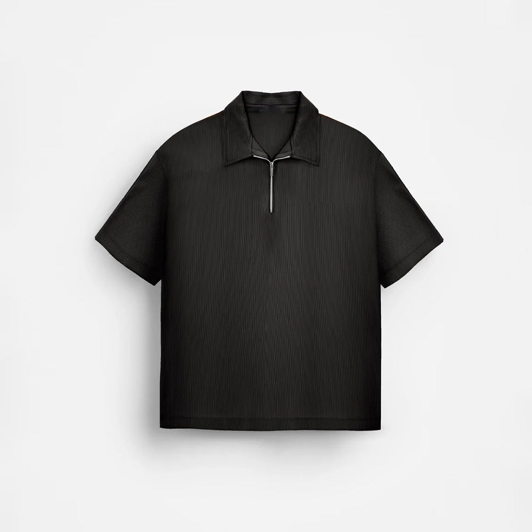 TEXTURED ZIPPER POLO T-SHIRT - BLACK