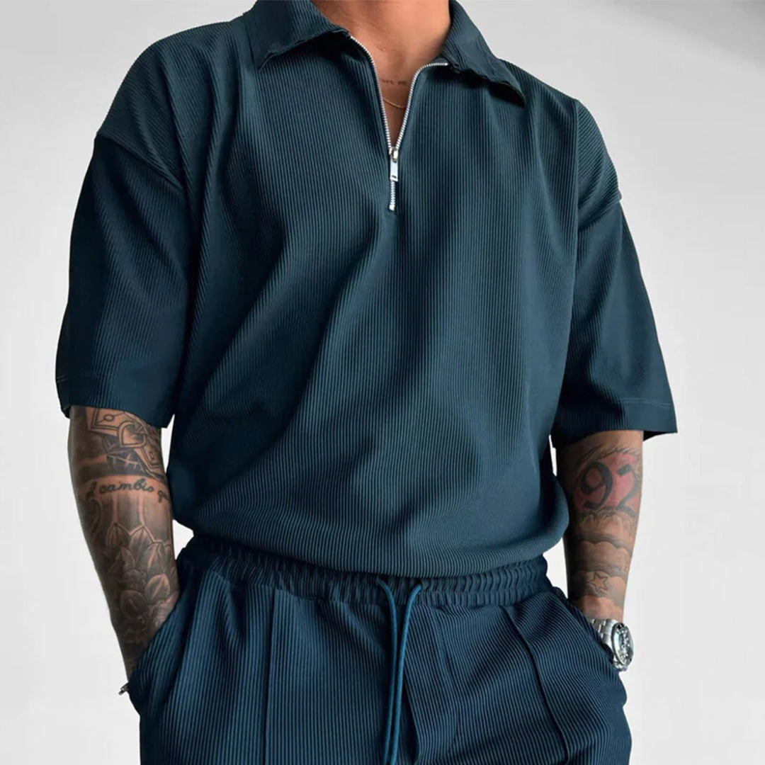 TEXTURED ZIPPER POLO T-SHIRT - RAIN FOREST