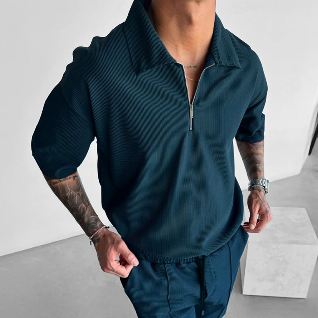 TEXTURED ZIPPER POLO T-SHIRT - RAIN FOREST