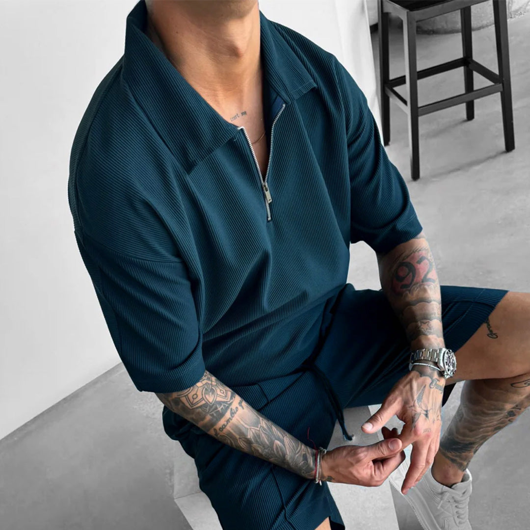 TEXTURED ZIPPER POLO T-SHIRT - RAIN FOREST