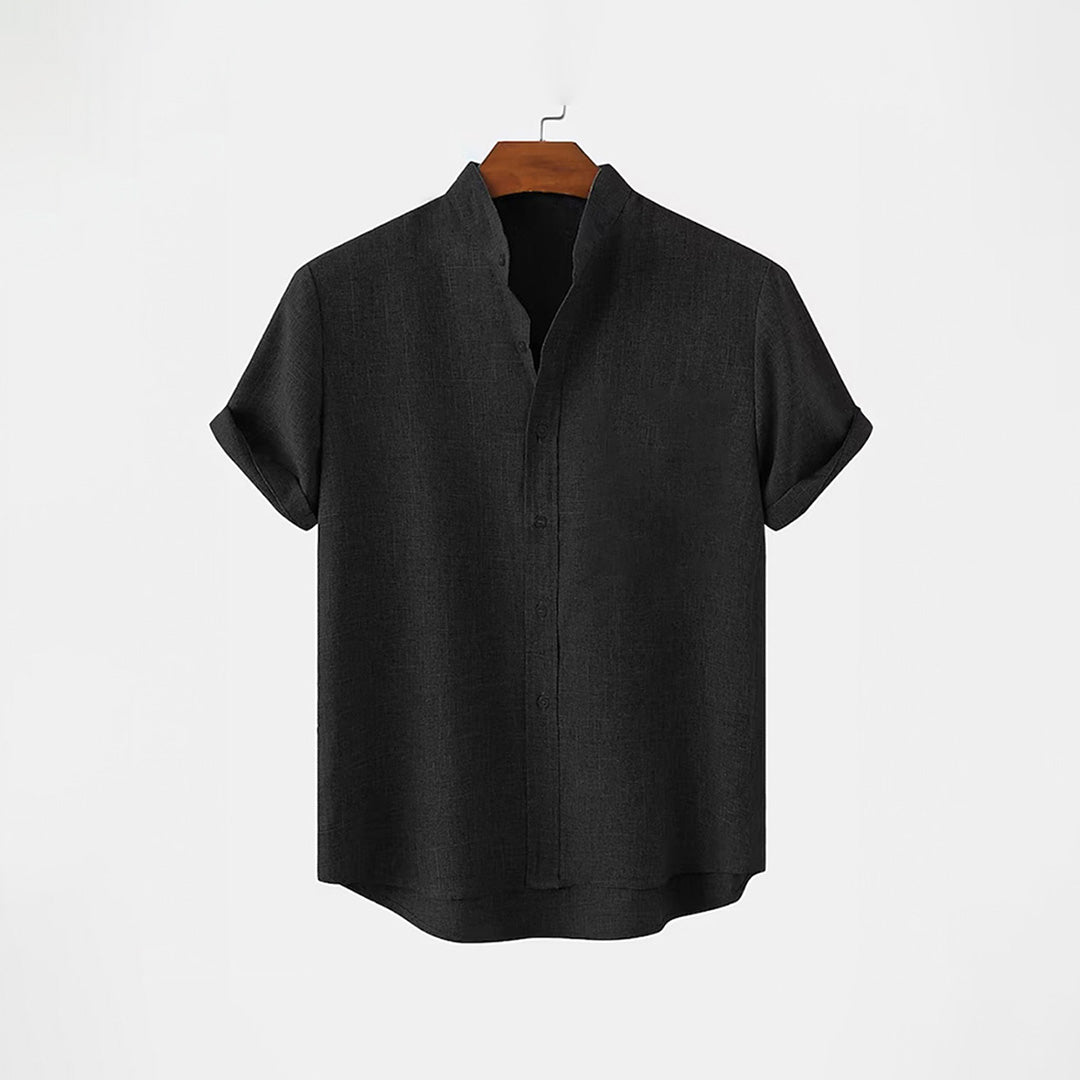BAN COLLAR LINEN SHIRT - BLACK