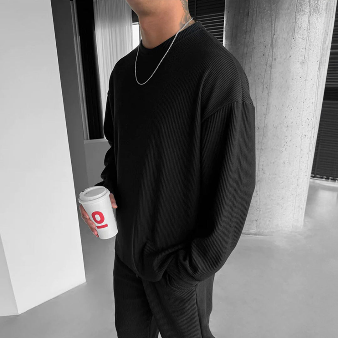 RIBBED FULL SLEEVES T-SHIRT - BLACK