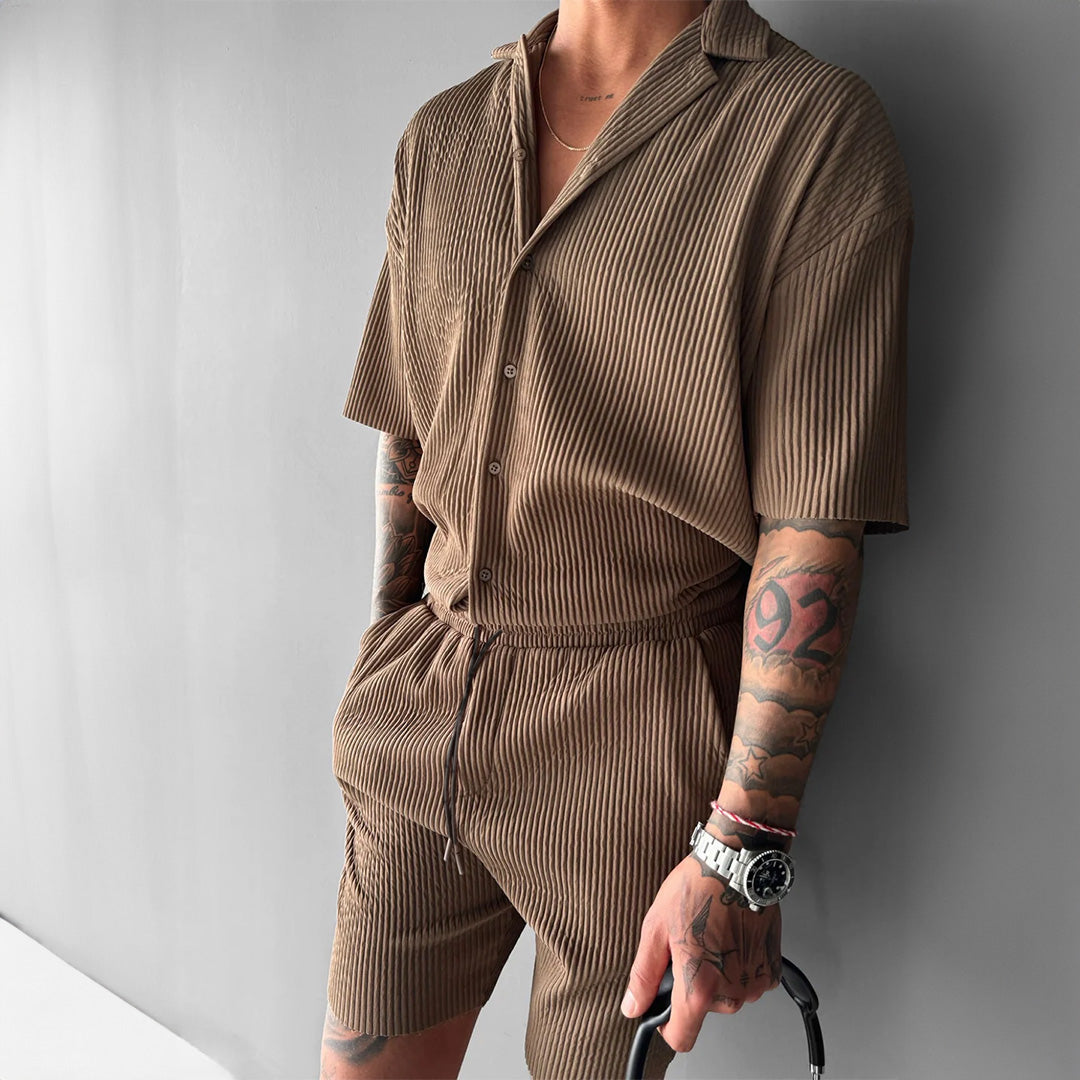 Collar Shirt & Short Set - Brown