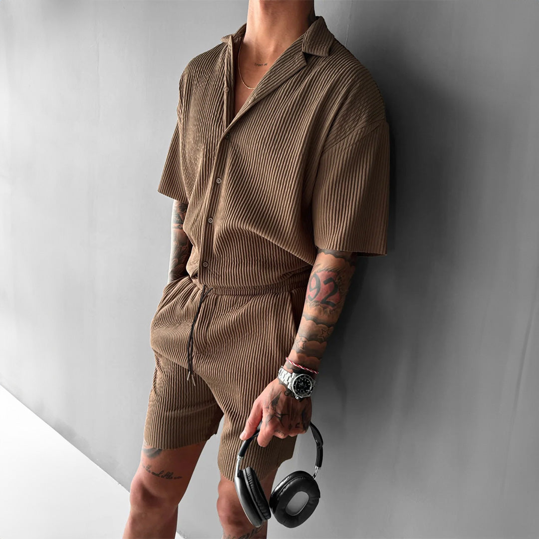 Collar Shirt & Short Set - Brown