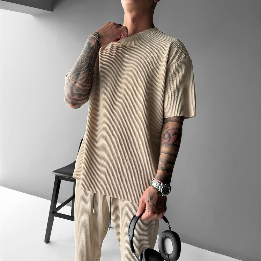 O Neck T-Shirt & Trouser Set -  Beige