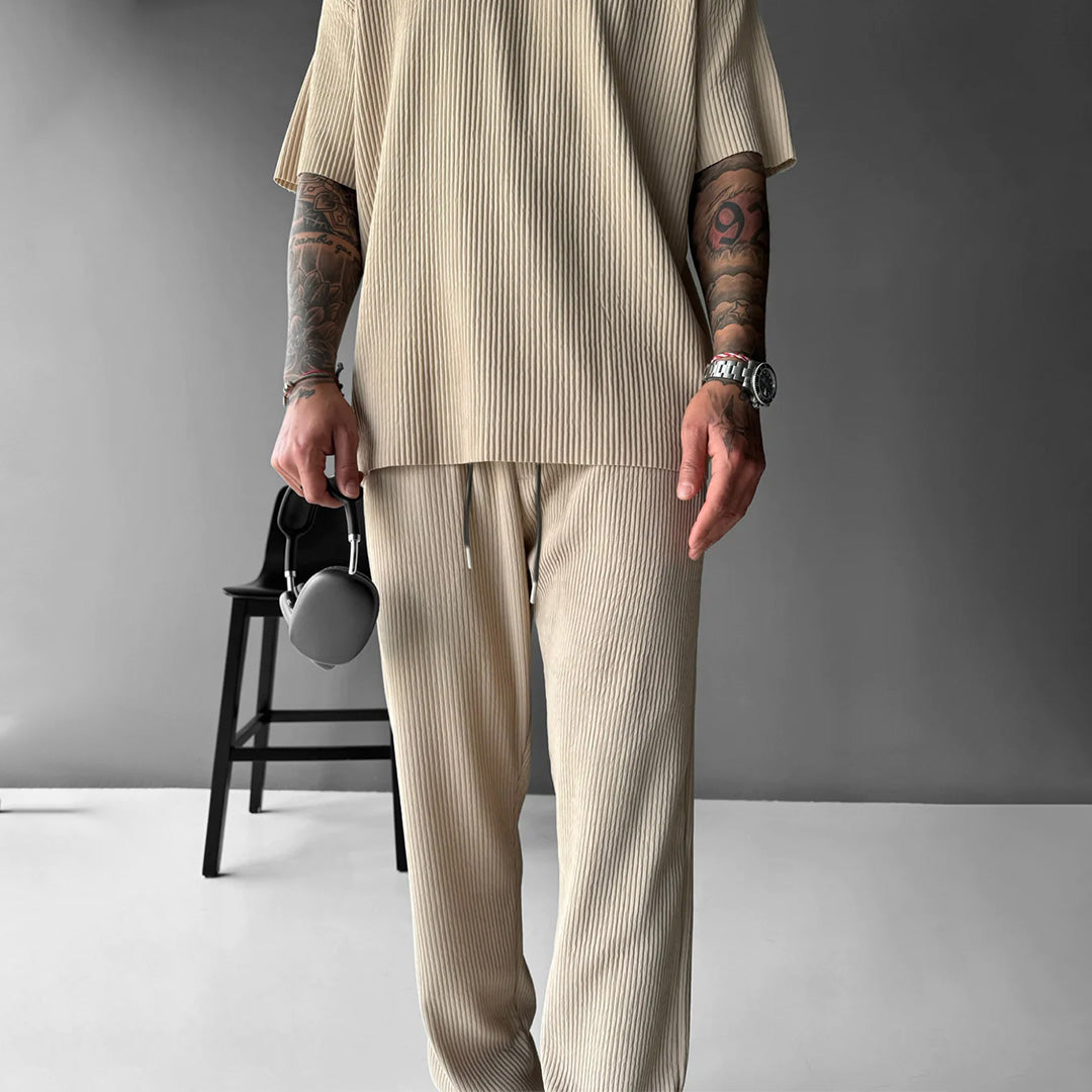 O Neck T-Shirt & Trouser Set -  Beige