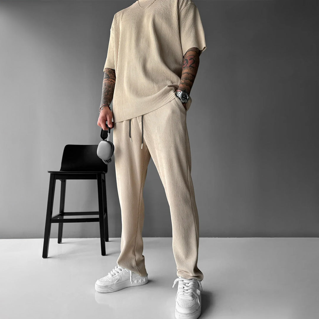 O Neck T-Shirt & Trouser Set -  Beige
