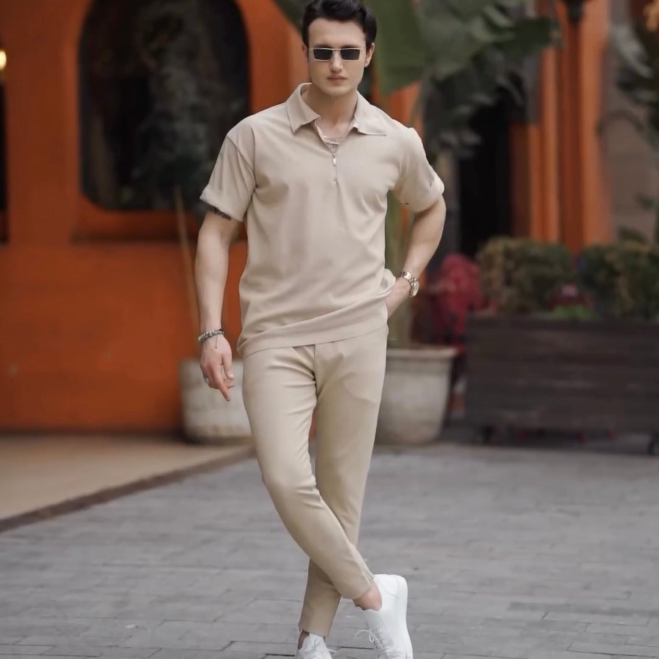 Loose Fit Zipper Shirt & Trouser Set - Beige
