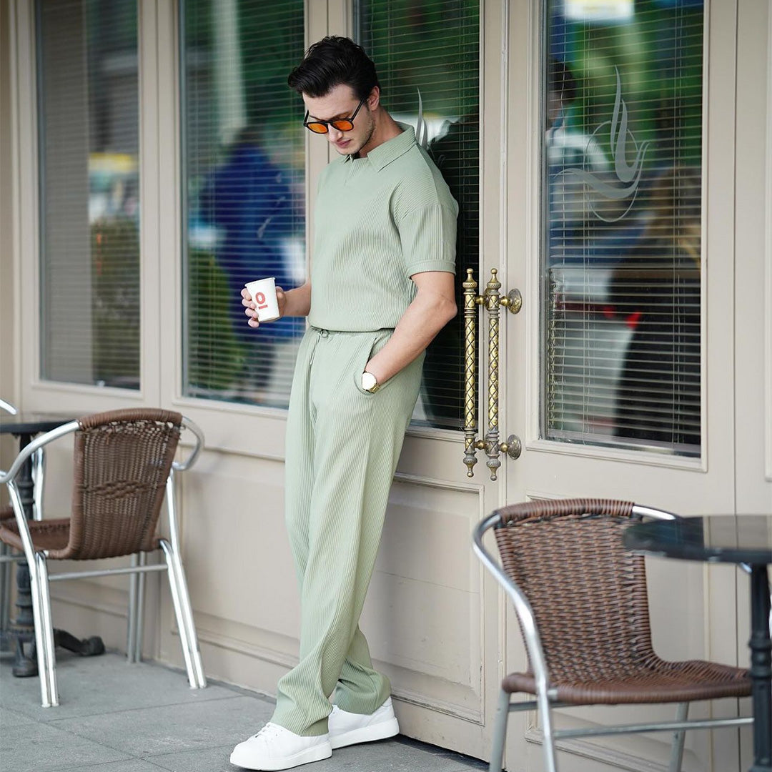 Polo T-Shirt & Trouser Cord Set - Tea Green