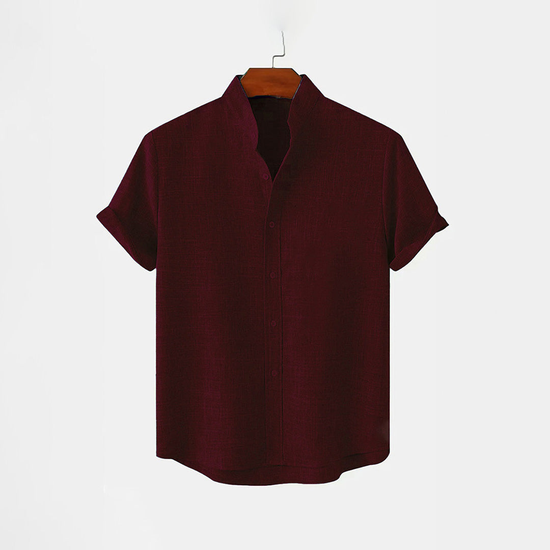 BAN COLLAR LINEN SHIRT - MAROON