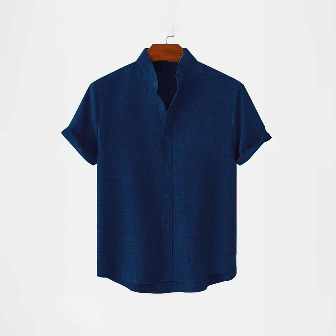 BAN COLLAR LINEN SHIRT - NAVY BLUE