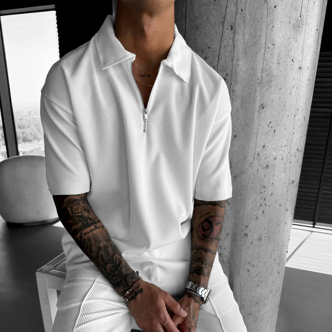 TEXTURED ZIPPER POLO T-SHIRT - WHITE