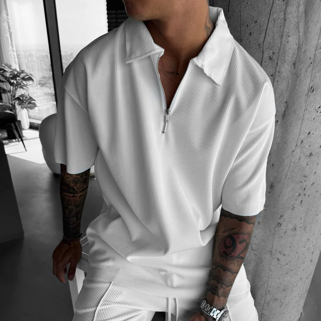 TEXTURED ZIPPER POLO T-SHIRT - WHITE