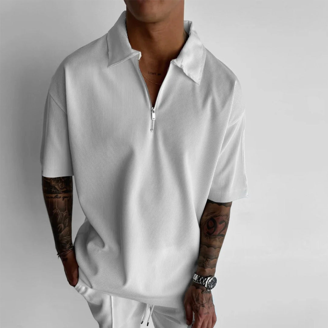 TEXTURED ZIPPER POLO T-SHIRT - WHITE