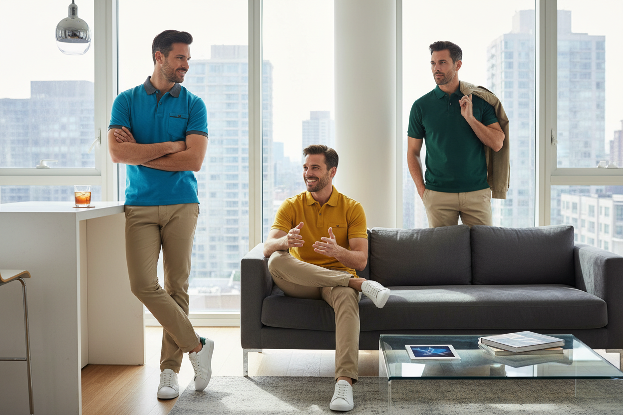 men wearing polo shirt, polo shirt must be  visible, make a perfect ad