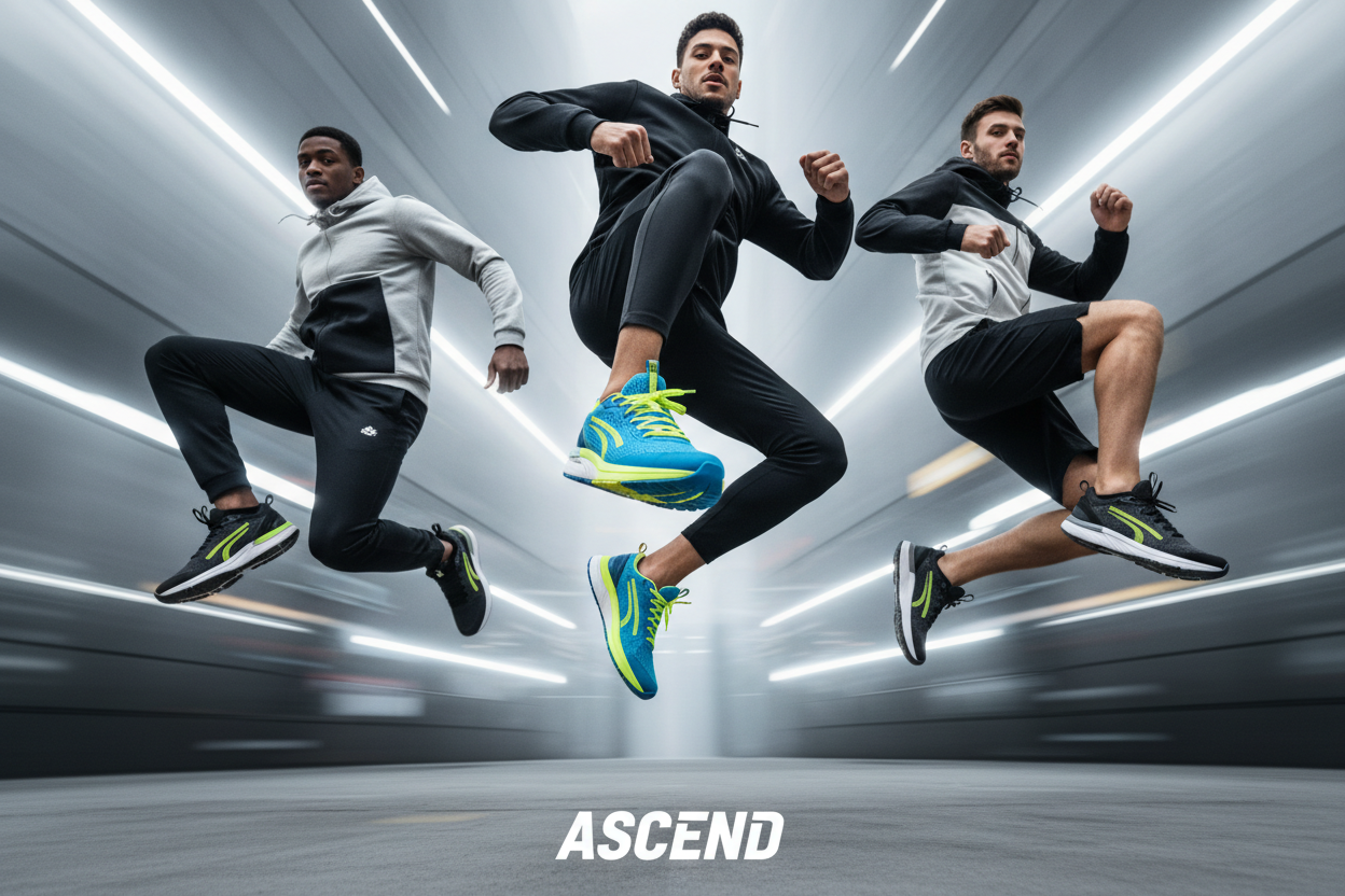 men wearing sneakers, sneakers must be  visible, men jumping and showing sneakers, sneakers should be in middle of image,  make a perfect ad